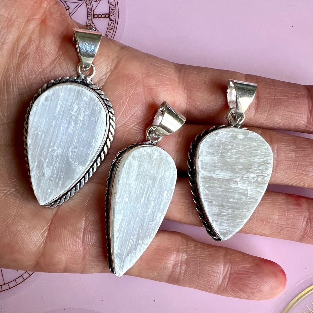 925 STUNNING! You Choose! Selenite Gypsum Teardrop Pendant Necklace